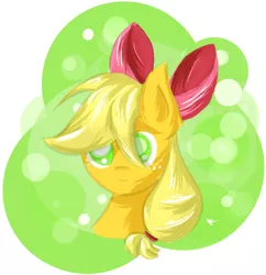 Size: 1024x1058 | Tagged: safe, artist:randomdash, derpibooru import, applejack, earth pony, pony, abstract background, accessory swap, bow, bust, cute, female, hair bow, jackabetes, looking at you, mare, missing accessory, portrait, ribbon, smiling, solo