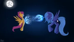 Size: 1280x720 | Tagged: artist:yuukon, dead source, derpibooru import, magic, midair, moon, princess luna, s1 luna, safe, scootaloo