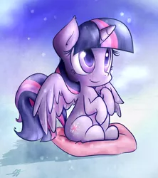 Size: 1600x1800 | Tagged: safe, artist:kyodashiro, derpibooru import, twilight sparkle, twilight sparkle (alicorn), alicorn, pony, cute, female, mare, pillow, sitting, smiling, snow, snowfall, solo, spread wings, twiabetes