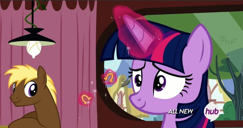 Size: 1919x1017 | Tagged: safe, derpibooru import, screencap, coco crusoe, twilight sparkle, twilight sparkle (alicorn), alicorn, pony, twilight time, approves, eating, food, french fries, hay fries, horseshoe fries, hub logo, magic, onion horseshoes