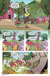 Size: 900x1384 | Tagged: safe, derpibooru import, idw, apple bloom, discord, scootaloo, sweetie belle, draconequus, earth pony, pegasus, pony, unicorn, friends forever, spoiler:comic, spoiler:comicff2, apple orchard, apple tree, comic, cutie mark crusaders, eyes closed, female, filly, foal, idw advertisement, male, official comic, preview, singing, speech bubble, sweet apple acres, tree