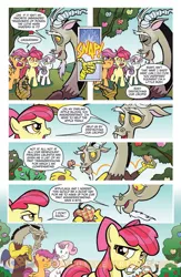 Size: 900x1384 | Tagged: safe, derpibooru import, idw, apple bloom, discord, scootaloo, sweetie belle, draconequus, earth pony, pegasus, pony, unicorn, friends forever, spoiler:comic, spoiler:comicff2, apple, comic, cutie mark crusaders, female, filly, finger snap, foal, food, idw advertisement, male, official comic, preview, speech bubble