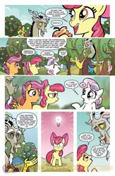 Size: 900x1384 | Tagged: safe, artist:tonyfleecs, derpibooru import, idw, apple bloom, discord, scootaloo, sweetie belle, draconequus, earth pony, pegasus, pony, unicorn, friends forever, spoiler:comic, spoiler:comicff2, apple, apple tree, comic, cutie mark crusaders, female, filly, foal, food, idw advertisement, male, official comic, preview, speech bubble, sweetiedumb, tree