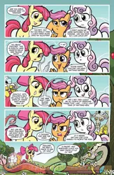 Size: 900x1384 | Tagged: safe, artist:tonyfleecs, derpibooru import, idw, apple bloom, discord, scootaloo, sweetie belle, draconequus, earth pony, pegasus, pony, unicorn, friends forever, spoiler:comic, spoiler:comicff2, comic, cutie mark crusaders, female, filly, foal, idw advertisement, male, official comic, preview, speech bubble, sweetiedumb
