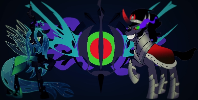 Size: 979x497 | Tagged: antagonist, clothes, derpibooru import, dress, emblem, king sombra, queen chrysalis, safe, wallpaper