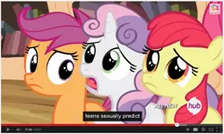 Size: 863x519 | Tagged: all new, apple bloom, caption, cutie mark crusaders, derpibooru import, edit, edited screencap, hub logo, meme, scootaloo, screencap, suggestive, sweetie belle, text, twilight time, youtube caption