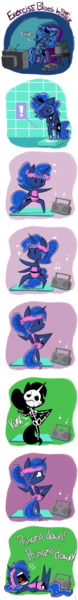 Size: 700x5391 | Tagged: dead source, safe, artist:fauxsquared, derpibooru import, princess luna, pony, comic, cute, dialogue, eating, exercise, food, headband, injured, junk food, leotard, lunabetes, ouch, popcorn, solo, stretching, stretching portrait, television, yoga