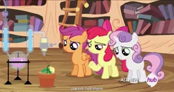 Size: 1151x610 | Tagged: apple bloom, cutie mark crusaders, derpibooru import, drama seedling, hub logo, meme, safe, scootaloo, screencap, sweetie belle, twilight time, youtube caption