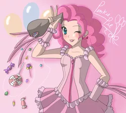 Size: 1874x1679 | Tagged: safe, artist:angelofhapiness, derpibooru import, pinkie pie, human, balloon, blushing, humanized, solo, tongue out, wink