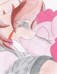 Size: 838x1092 | Tagged: safe, artist:digitaldomain123, derpibooru import, pinkie pie, oc, oc:digital, demon pony, blushing, canon x oc, colored, female, kissing, male, romantic, straight, traditional art