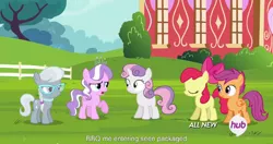 Size: 1152x609 | Tagged: all new, apple bloom, barbeque, cutie mark crusaders, derpibooru import, diamond tiara, food, hub logo, meme, safe, scootaloo, screencap, silver spoon, sweetie belle, text, twilight time, youtube caption