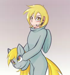 Size: 822x876 | Tagged: artist:scorpdk, blushing, clothes, costume, derpibooru import, derpy hooves, female, human, humanized, kigurumi, looking at you, safe, smiling, solo, underp