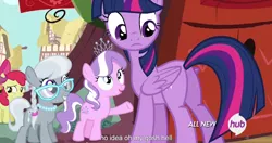 Size: 1152x609 | Tagged: safe, derpibooru import, edit, edited screencap, screencap, apple bloom, diamond tiara, scootaloo, silver spoon, twilight sparkle, twilight sparkle (alicorn), alicorn, earth pony, pony, twilight time, all new, butt, caption, female, filly, hub logo, image, looking at tail, mare, meme, plot, png, youtube caption