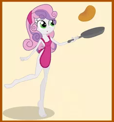 Size: 1200x1281 | Tagged: suggestive, artist:ohohokapi, deleted from derpibooru, derpibooru import, sweetie belle, equestria girls, apron, balancing, barefoot, breasts, clothes, cooking, feet, female, housewife, naked apron, open mouth, pan, pancakes, smiling, solo, solo female