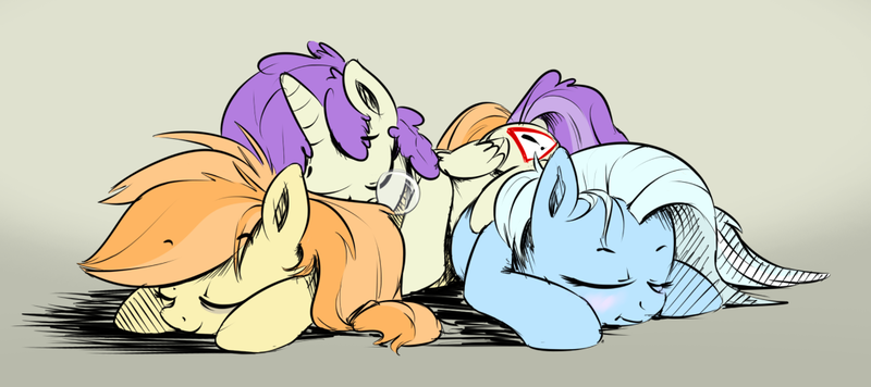 Size: 1100x490 | Tagged: safe, artist:rainbow-dosh, artist:xioade, derpibooru import, alula, pluto, princess erroria, oc, oc:safe haven, oc:tracy cage, earth pony, pony, unicorn, /mlp/, blushing, bubble, cuddle puddle, cuddling, eyes closed, female, filly, mare, pony pile, sleeping, smiling, snot bubble