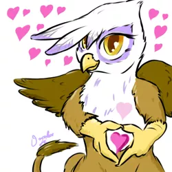 Size: 1000x1000 | Tagged: safe, artist:osakaoji, derpibooru import, gilda, gryphon, bipedal, cute, female, floating heart, gildadorable, heart, heart eyes, image, jpeg, looking at you, solo, spread wings, wingding eyes, wings