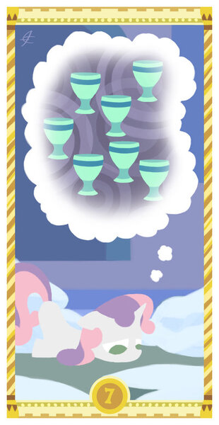 Size: 400x775 | Tagged: safe, artist:janeesper, derpibooru import, sweetie belle, cup, scootie belle, seven of cups, seven of hearts, solo, tarot card, thought bubble