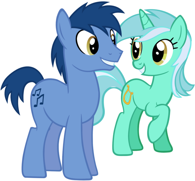 Size: 1430x1330 | Tagged: artist:leapingriver, blues, cute, derpibooru import, eye contact, female, filli vanilli, grin, lyrabetes, lyra heartstrings, male, noteabetes, noteworthy, ponies standing next to each other, safe, simple background, smiling, straight, transparent background, vector