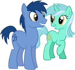 Size: 1430x1330 | Tagged: artist:leapingriver, blues, cute, derpibooru import, eye contact, female, filli vanilli, grin, lyrabetes, lyra heartstrings, male, noteabetes, noteworthy, ponies standing next to each other, safe, simple background, smiling, straight, transparent background, vector