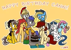 Size: 1569x1108 | Tagged: safe, artist:serenamidori, derpibooru import, oc, oc:aurora, oc:britannia, oc:canni soda, oc:madame banane, oc:maredrid, oc:sani soda, oc:wachmann, unofficial characters only, earth pony, pony, unicorn, birthday, birthday cake, cake, female, food, male, mare, mascot, present, stallion