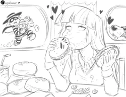 Size: 1270x981 | Tagged: ahegao, aqua teen hunger force, artist:megasweet, breasts, burger, cheetos, chester cheetah, crossover, derpibooru import, eating, food, grayscale, hamburger, hamburglar, human, humanized, master shake, mcdonald's, meme, monochrome, onion horseshoes, scene interpretation, suggestive, twilight burgkle, twilight sparkle, twilight time, yaranaika