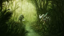 Size: 1920x1080 | Tagged: safe, artist:assasinmonkey, derpibooru import, oc, unofficial characters only, pony, first contact war, boots, clothes, coat, eerie, forest, jungle, scenery, wallpaper