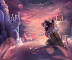 Size: 3000x2500 | Tagged: artist:aquagalaxy, backlighting, behind, bow, canterlot, cloud, cloudy, derpibooru import, oc, painting, plein air, safe, scenery, solo, sunset, unofficial characters only