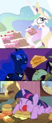 Size: 616x1447 | Tagged: safe, derpibooru import, edit, edited screencap, screencap, applejack, coco crusoe, princess celestia, princess luna, twilight sparkle, twilight sparkle (alicorn), alicorn, pony, luna eclipsed, ponyville confidential, twilight time, cakelestia, compilation, female, glorious grilled cheese, grilled cheese, hay burger, mare, that pony sure does love burgers, twilight burgkle