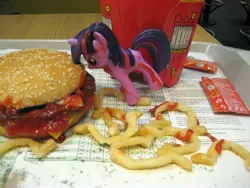 Size: 1536x1152 | Tagged: burger, defictionalization, derpibooru import, fast food, food, food art, french fries, horseshoe fries, irl, ketchup, magazine figure, mcdonald's, messy, photo, ponies in real life, safe, scene interpretation, scene parody, solo, toy, twilight burgkle, twilight sparkle, twilight time