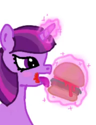 Size: 331x431 | Tagged: safe, artist:bronyponyguy, derpibooru import, twilight sparkle, twilight sparkle (alicorn), alicorn, pony, twilight time, burger, female, ketchup, magic, mare, solo, that pony sure does love burgers, tongue out, twilight burgkle