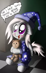 Size: 740x1159 | Tagged: artist:ziemniax, blushing, derpibooru import, dialogue, filly, oc, oc:violet, safe, solo, teddy bear, unofficial characters only