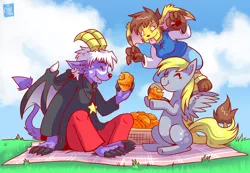 Size: 1000x691 | Tagged: safe, artist:raizy, derpibooru import, derpy hooves, pegasus, pony, buwaro elexion, crossover, female, mare, muffin, picnic, rhea snaketail, slightly damned