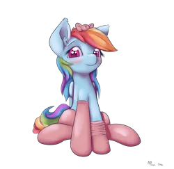 Size: 1850x1800 | Tagged: safe, artist:alasou, deleted from derpibooru, derpibooru import, rainbow dash, bedroom eyes, blushing, bow, clothes, cute, dashabetes, girly, looking at you, simple background, smiling, socks, solo, tomboy taming, transparent background