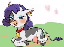 Size: 1280x944 | Tagged: artist:kiriya, cow, cowbell, ear tag, nose ring, raricow, rarity, safe, solo, species swap, udder