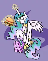 Size: 1280x1631 | Tagged: alicorn, anthro, artist:forbiddenghoul, breasts, burger, dead source, derpibooru import, female, food, hamburger, magic, plantigrade anthro, princess celestia, solo, suggestive