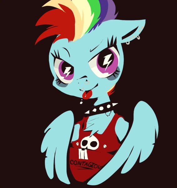 Size: 1208x1280 | Tagged: safe, artist:supernoncutie, derpibooru import, rainbow dash, pegasus, pony, alternate hairstyle, black background, bust, chest fluff, choker, clothes, ear piercing, earring, fashion, floppy ears, jewelry, looking at you, mohawk, piercing, punk, raspberry, simple background, smiling, solo, spiked choker, tongue out, wingding eyes