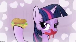 Size: 5331x3000 | Tagged: artist:mrcbleck, bedroom eyes, burger, derpibooru import, eating, female, hay burger, heart, hoof hold, looking at you, messy eating, smiling, solo, solo female, suggestive, sweat, that pony sure does love burgers, twilight burgkle, twilight sparkle
