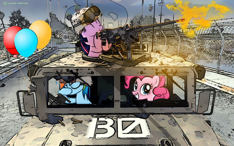 Size: 1680x1050 | Tagged: balloon, call of duty, derpibooru import, eyes closed, facehoof, grin, gun, helmet, hmmwv, hoof hold, hummer, humvee, machine gun, military, modern warfare 2, pinkie pie, rainbow dash, rifle, safe, smiling, soldier, squee, twilight sparkle, weapon