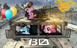 Size: 1680x1050 | Tagged: balloon, call of duty, derpibooru import, eyes closed, facehoof, grin, gun, helmet, hmmwv, hoof hold, hummer, humvee, machine gun, military, modern warfare 2, pinkie pie, rainbow dash, rifle, safe, smiling, soldier, squee, twilight sparkle, weapon