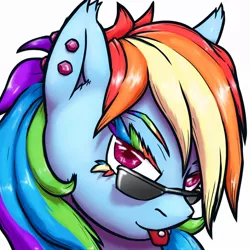 Size: 1200x1200 | Tagged: safe, artist:krd, derpibooru import, rainbow dash, pegasus, pony, close-up, colored eyelashes, looking at you, piercing, rainbow lashes, solo, sunglasses, tongue out