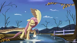 Size: 12960x7200 | Tagged: absurd resolution, artist:auroriia, derpibooru import, fluttershy, safe, solo, spread wings, water