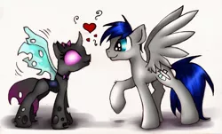 Size: 1100x664 | Tagged: safe, artist:kairaanix, derpibooru import, oc, oc:carbon, oc:lilo, unofficial characters only, changeling, pegasus, pony, bowtie, choker, eye contact, female, heart, interspecies, male, raised hoof, smiling, spread wings, straight