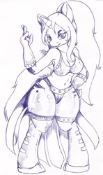 Size: 750x1270 | Tagged: suggestive, artist:suirano, derpibooru import, oc, oc:arcane shade, unofficial characters only, anthro, unguligrade anthro, unicorn, anthro oc, belly button, bra, breasts, clothes, evening gloves, female, monochrome, solo, solo female, stockings, underwear, wide hips