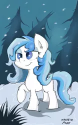 Size: 800x1280 | Tagged: artist:macheteponies, atryl-ish, bedroom eyes, chest fluff, derpibooru import, oc, oc:ice dreams, raised hoof, safe, smiling, smirk, snow, snowfall, solo, style emulation, tree, unofficial characters only