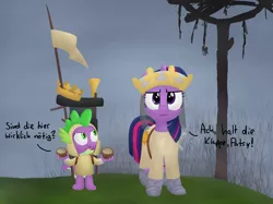 Size: 2788x2084 | Tagged: armor, artist:moemneop, clothes, coconut, crown, derpibooru import, flag, german, monty python, monty python and the holy grail, parody, safe, spike, twilight sparkle