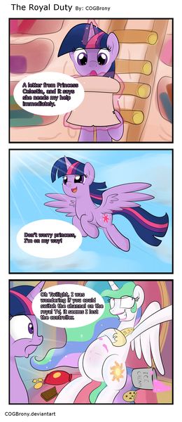 Size: 1150x2650 | Tagged: safe, artist:thebrokencog, derpibooru import, princess celestia, twilight sparkle, twilight sparkle (alicorn), alicorn, pony, belly, candy, chips, chubbylestia, comic, cookie, fat, female, flying, frown, grin, ice cream, junk food, lazy, levitation, magic, mare, obese, raised hoof, smiling, spread wings, stuffed, telekinesis, trollestia, wide eyes