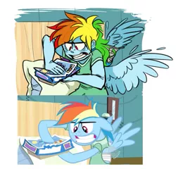 Size: 539x518 | Tagged: safe, artist:xenon, derpibooru import, screencap, rainbow dash, human, pegasus, pony, read it and weep, battlecloud, board game, hospital, hospital gown, humanized, pony coloring, scene interpretation, winged humanization