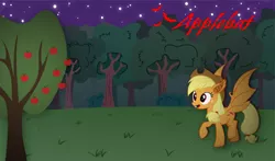 Size: 1280x752 | Tagged: safe, artist:boh238, derpibooru import, applejack, applebat, cutie mark, night, solo, tree