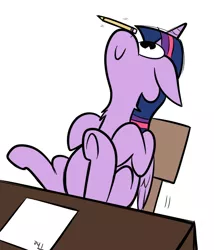 Size: 600x700 | Tagged: dead source, safe, artist:karpet-shark, derpibooru import, twilight sparkle, twilight sparkle (alicorn), alicorn, cyclops, pony, twily-daily, adorkable, balancing, chair, chest fluff, cute, dork, female, floppy ears, i have done nothing productive all day, karpet-shark is gonna kill us all, mare, neck fluff, pencil, ponies balancing stuff on their nose, procrastination, silly, simple background, sitting, smiling, solo, spongebob squarepants, the, twiabetes, twiclops, underhoof, white background
