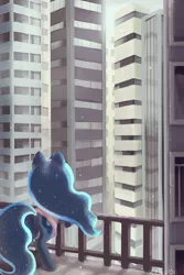 Size: 599x896 | Tagged: artist:mewball, balcony, behind, city, clothes, derpibooru import, princess luna, safe, shirt, skyscraper, solo